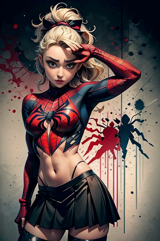 Hayden Panettiere、stick out the navel、new york、She's wearing a torn Spider-Man suit,Wearing a skirt、 Red and black color scheme,dynamic、masterpiece、highest quality、Ultra-detailed、Very detailed、Beautiful sparkle in the details、超A high resolution