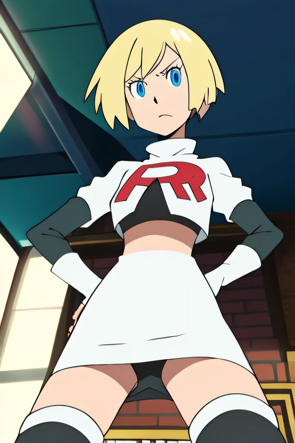 masterpiece,best quality,high res,high quality,8k, masterpiece,highres, team rocket uniform, red letter r, white skirt,white crop top,black thigh-high boots, black elbow gloves, glaring angrily, looking down at viewer, hands on hips, cowboy shot, zettai ryouiki,spread legs,from below, black panties,anime style, vivid colors, sharp focus, intense lighting,Persona3Aigis,blond hair, blue eyes