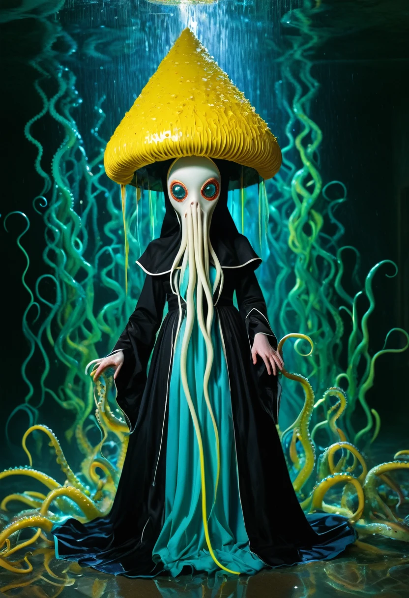 8K, ARTISTIC photogrAphy, best quAlity, mAsterpiece: 1.2), A (potrAit:1.2)  witch BLOOD Toon Doll Cthulhu nun QUEEN, EYES, CYAN many octopus style tentacles, full body RAW candid cinema, yellow hair, 16mm, color graded portra 400 film, remarkable color, ultra realistic, sad admosphere, dark lighting, oppressive atmosphere, depressive colors, kodak portra 400, photograph,r, Natural Light, Pinhead lighgts, blur reflection, Brush Strokes, Smooth, abstract, Splatter, Oil On Canvas, rainbow colors, fractal isometrics details bioluminescens : a stunning realistic photograph of wet bone structure, 3d render, octane render, intricately detailed, titanium decorative headdress, cinematic, trending on artstation | Isometric | Centered