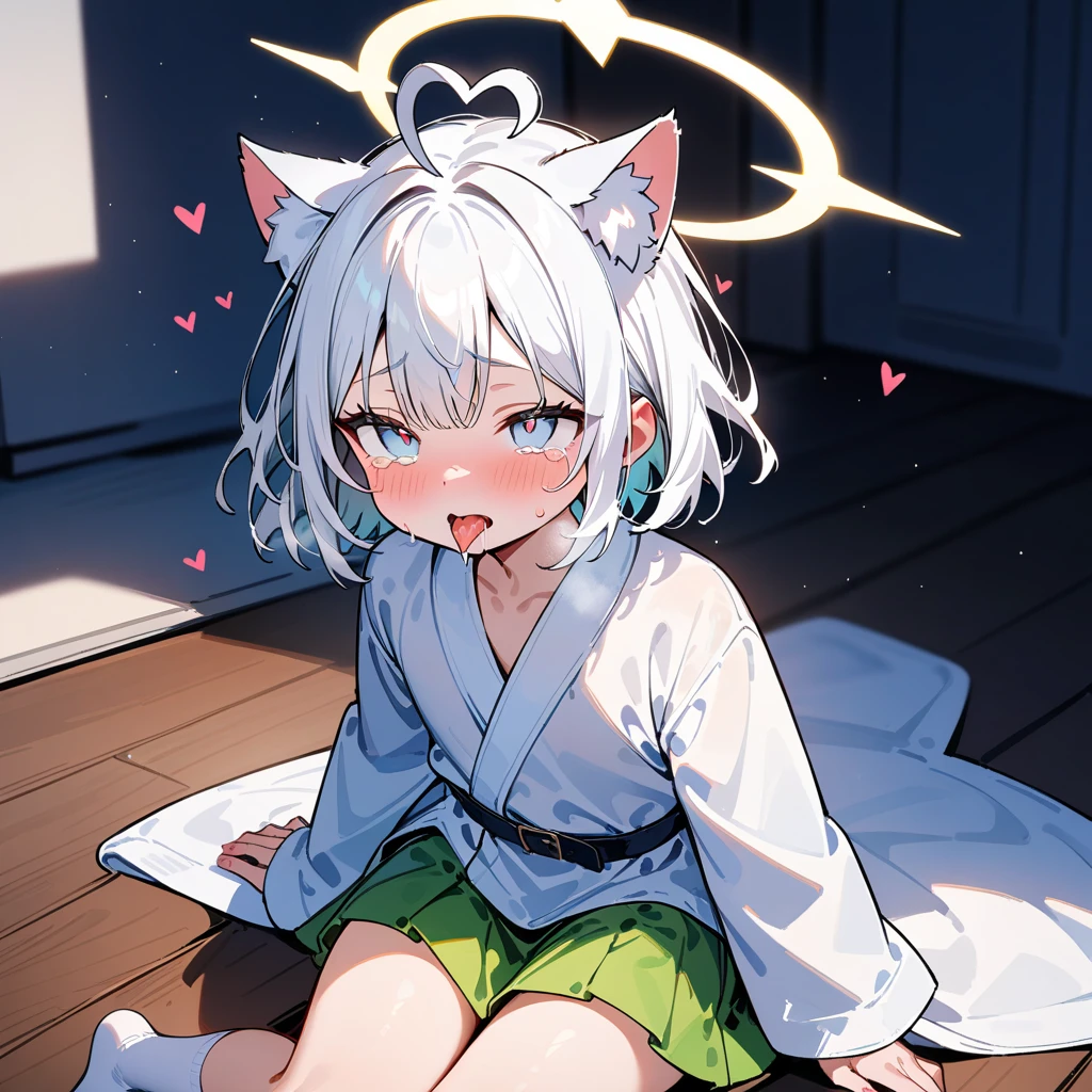 (masterpiece:1.2,high quality),8K,High resolution,A seven-year-old boy,cute boy,white hair,short hair,light blue eyes,heart ahoge,cat ears,Halo,ahegao,tongue out,drooling,saliva,tears,Sitting on the bad,White bathrobe,Pale green skirt,(white short socks:1.6),primary school student,thigh,alone