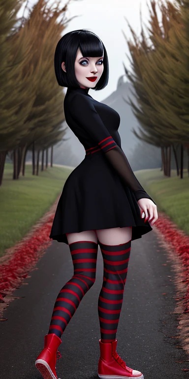 mavis dracula vampire cute girl, blue eyes ,short hair whit bangs, style bob, makeup gothic red lipstick, full body portrait drees black, black dress with sleeves, fitted to the body, thigh-high stockings with red stripes and red vans tennis shoes, Cinematic fantasy landscape, 3D, stunning environment,