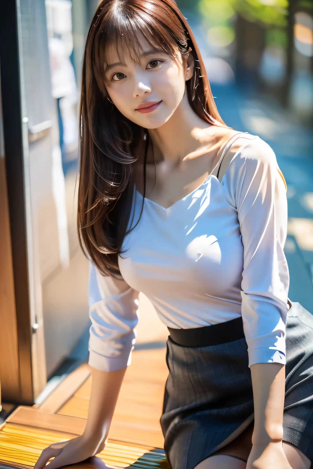 masterpiece, highest quality, Realistic, Very detailed, finely, High resolution, 8k wallpaper, Professional, High level of detail, ((One 18 year old girl:1.2)), Slender Japanese women,cute lips, Collarbone Detail, Center of chest、Perfect Face, (cute short hair:1.5), Chestnut Hair、cute face、Perfect Professional Potion、((Complete head-to-toe coverage:1.5)、(8k、RAW Photos、highest quality、masterpiece:1.2)、Character Focus、perfect cute girl、cute、(Small face)、(office lady:1.2)、A kind smile、Shiny skin、(Beautiful leg lines)、Narrow waist、Big Breasts、Beautiful breasts、(blouse、Pencil Skirt、Black Stockings:1.2)、High heels、Clear Skin、High transparency、(Slender and beautiful girl)、(Shiny)、View your viewers、Beautiful thighs、office interior、Bokeh、