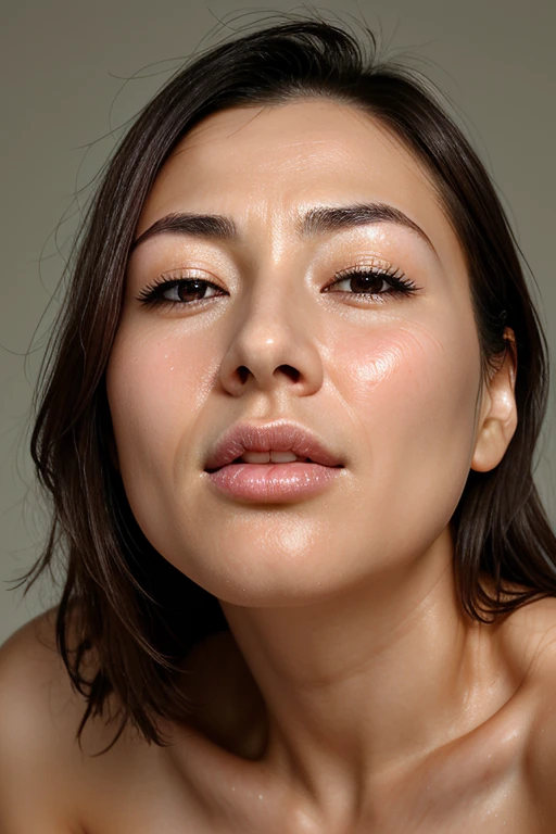 Beautiful Japanese,1 girl(masterpiece:1.2, highest quality), (Realistic, photoRealistic:1.4),, Keep your eyes clearly focused, Nose and mouth,Face Focus, Extreme close up of face、 Age 35,Black Hair、Symmetrical face,Realistic nostrils、Angle from below、Elongated C-shaped nostrils(Sharp Nose)Sweaty skin、Shiny skin,((Brow wrinkles)))（On the tongue)、Deep Kiss、((Thin eyebrows))Oily skin、glistening shining skin、double eyelid、Beautiful woman、Medium Hair,Rolling your eyes,、Shortcuts((half-closed eyes, frown, grimace, scowl))((oily skin,sweat))((Shiny skin)（(Sweaty skin))(((licking lips)))