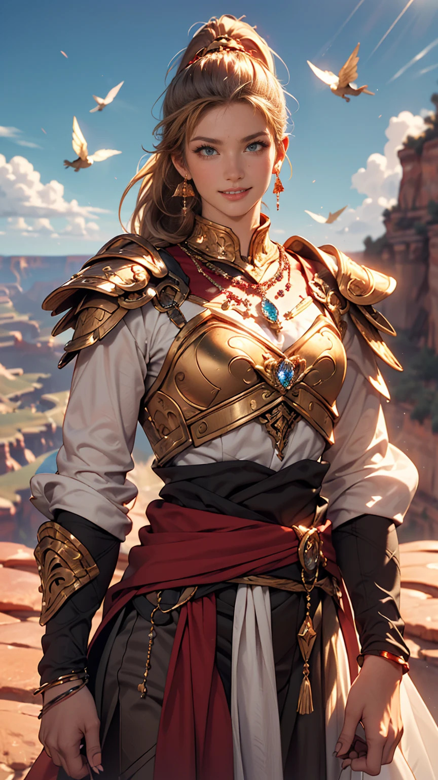 ((最high quality, 8K, masterpiece: 1.3, Ultra HD, high quality, 最high quality, High resolution, realism)) 、25-year-old Caucasian female、blue eyes、long hair、smile、I want my head to stay off screen、Wear accessories on your wrist、Wearing red nail polish、I have a peticure、Aerial perspective((atmospheric perspective))、smile((smiley))、Background blur((depth of field)、Crystal Earrings((crystal earrings))、Dark Blonde、Folded ponytail((folded ponytail)、Valkyrie、Wear golden armor、He unsheathes the holy sword he wears at his waist and raises it to the heavens.、Pegasus flies in the sky、Below, the Grand Canyon stretches to the horizon、You can see a beautiful river carved into the rocks.