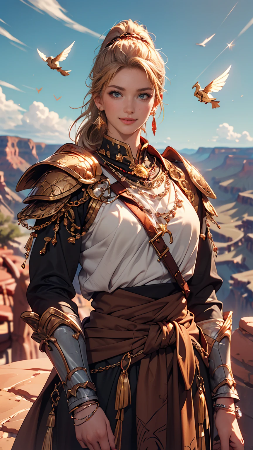 ((最high quality, 8K, masterpiece: 1.3, Ultra HD, high quality, 最high quality, High resolution, realism)) 、25-year-old Caucasian female、blue eyes、long hair、smile、I want my head to stay off screen、Wear accessories on your wrist、Wearing red nail polish、I have a peticure、Aerial perspective((atmospheric perspective))、smile((smiley))、Background blur((depth of field)、Crystal Earrings((crystal earrings))、Dark Blonde、Folded ponytail((folded ponytail)、Valkyrie、Wear golden armor、He unsheathes the holy sword he wears at his waist and raises it to the heavens.、Pegasus flies in the sky、Below, the Grand Canyon stretches to the horizon、You can see a beautiful river carved into the rocks.