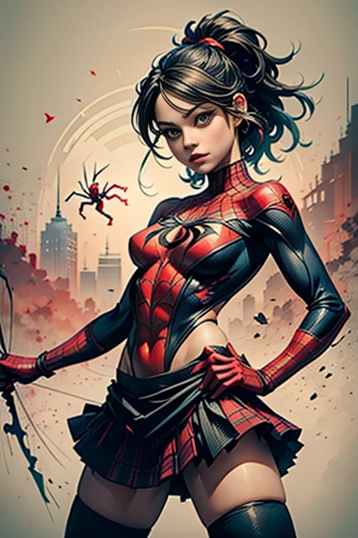 Kristin Kreuk、stick out the navel、new york、She's wearing a torn Spider-Man suit,Wearing a skirt、 Red and black color scheme,dynamic、masterpiece、highest quality、Ultra-detailed、Very detailed、Beautiful sparkle in the details、超A high resolution