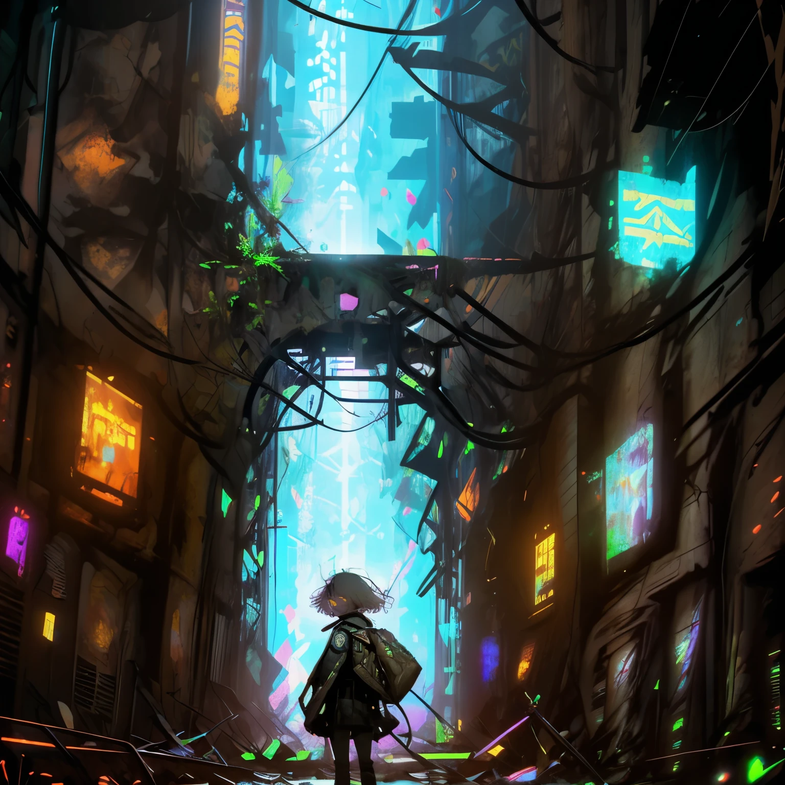 A girl wanders through strange ruins of buildings and glowing technology 