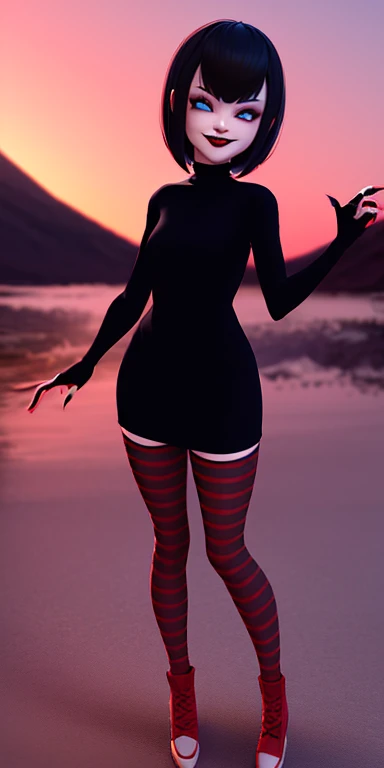 mavis dracula vampire cute girl, blue eyes ,short hair whit bangs, style bob, makeup gothic red lipstick, full body portrait drees black, black dress with sleeves, fitted to the body, thigh-high stockings with red stripes and red vans tennis shoes, Cinematic fantasy landscape, 3D, stunning environment,