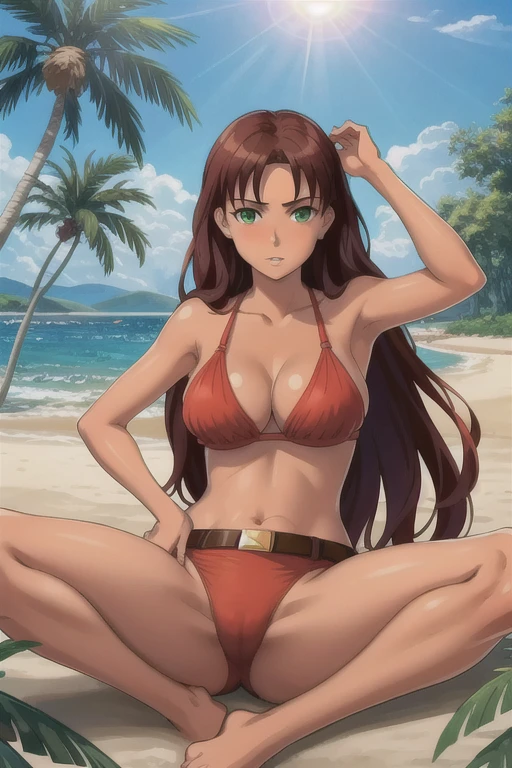 Olga Dmitrievna, 1 girl, One, long hair, I look at the viewer, Brown hair, in a red bra, in a red bikini , spread legs, sexuality, Tans, armpits green eyes, on open air, parted lips, day, belt, dark skin, dark-skinned woman, in the jungle, palm trees, flowers, sea, Sun, wound, Sun Ray, bright colors, Sharp image