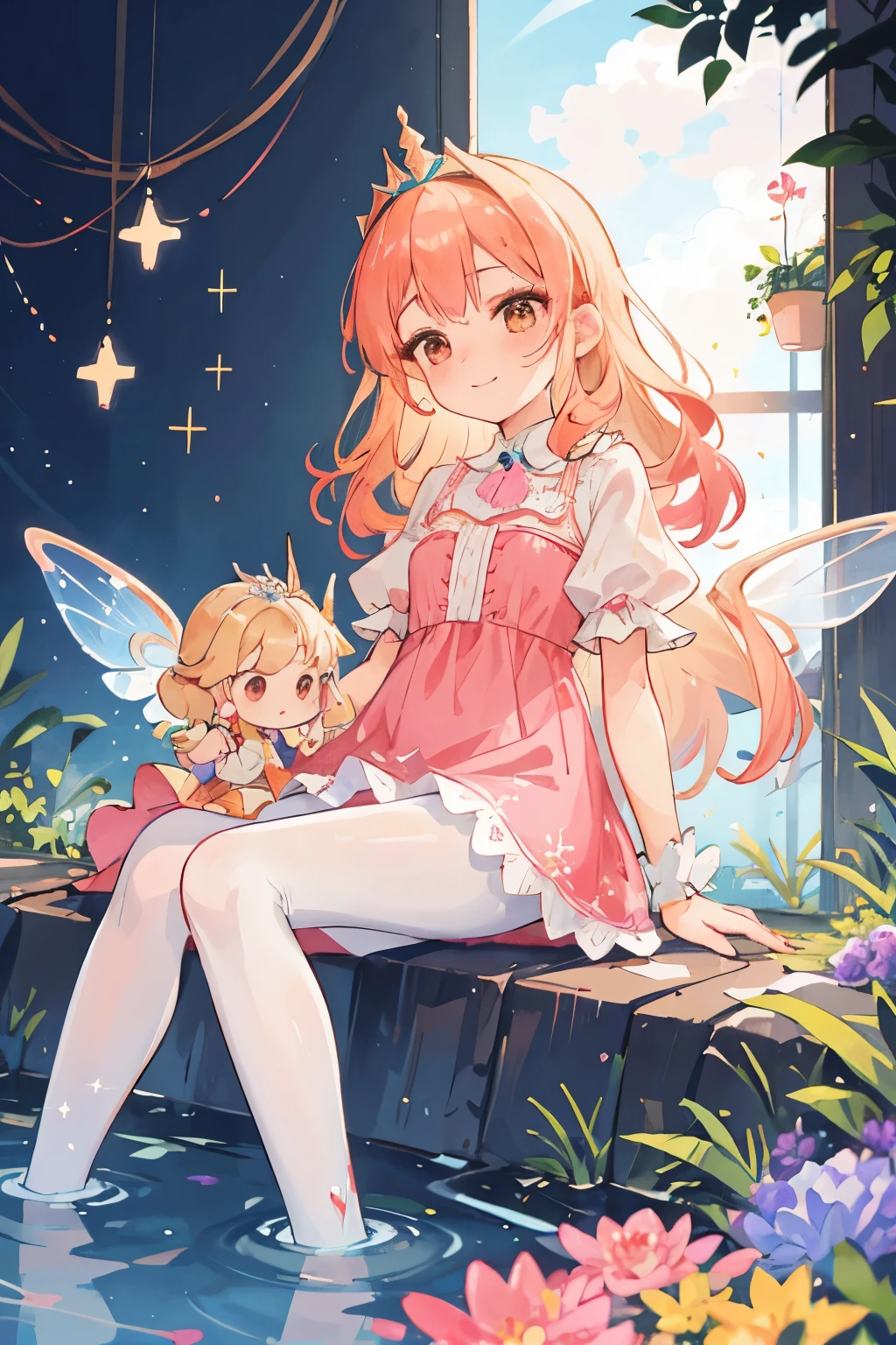  girl sitting on giant draped fabric flower in shimmering water pond, blond long curly hair with turquoise highlights, brown eyes, youthful face, pink sparkle summerdress, soft pastel light, gentle smile, content expression, white sheer pantyhose, blushing cheeks, angle from below, pink lipgloss, blurry fairylights in background, glitter sparkly bokeh effect, orange and pink gradient background, fairywings, shy pose, silver princess unicorn tiara, blue shimmer, rainbow light backlit, soft edges, soft colors, angelic face, innocent doll eyes, holding fairywand, straight forward angle, clouds in the sky background, shimmering makeup, glitter highlights in hair, Pre-Raphaelite