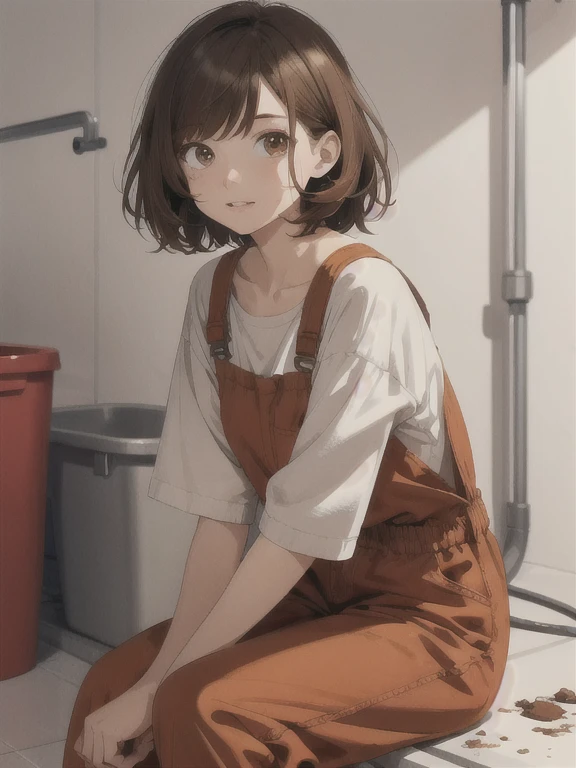 illustration style, cute girl, brown eyes, brown hair, short hair, messy hair,clumsy, sighing,flushed, red jumpsuit