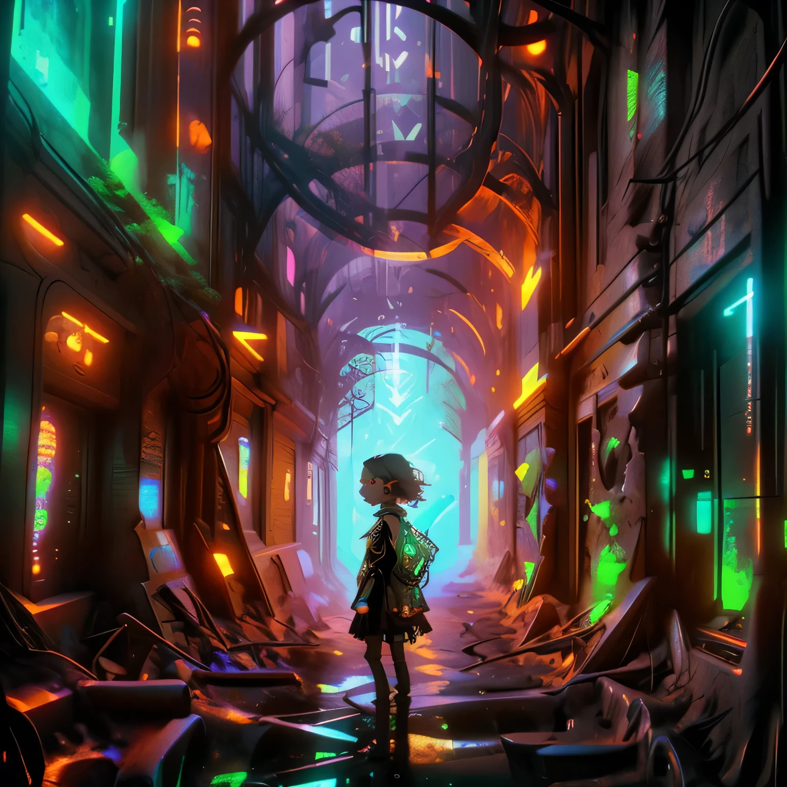 A girl wanders through strange ruins of buildings and glowing technology 