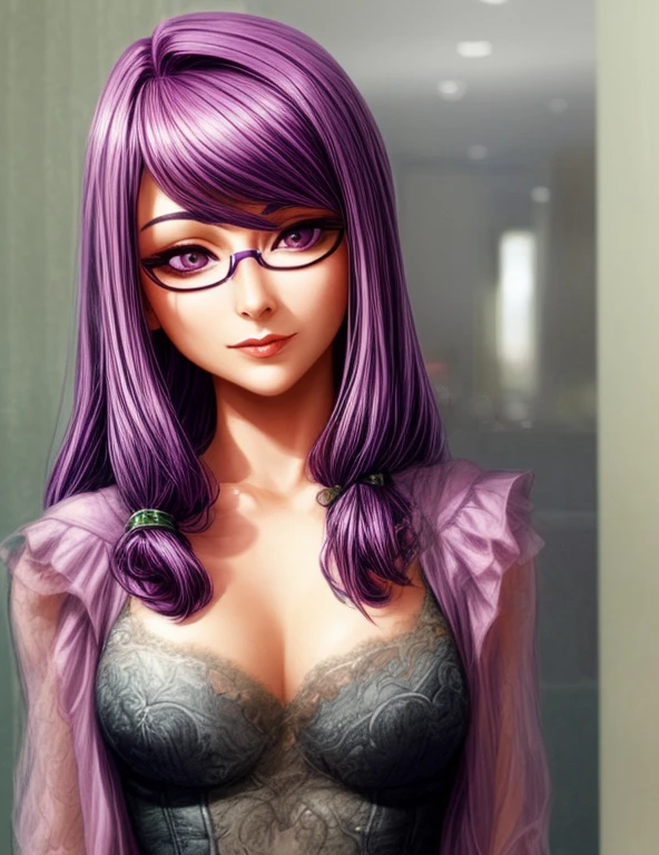 a close up of a woman with glasses and a purple hair, 