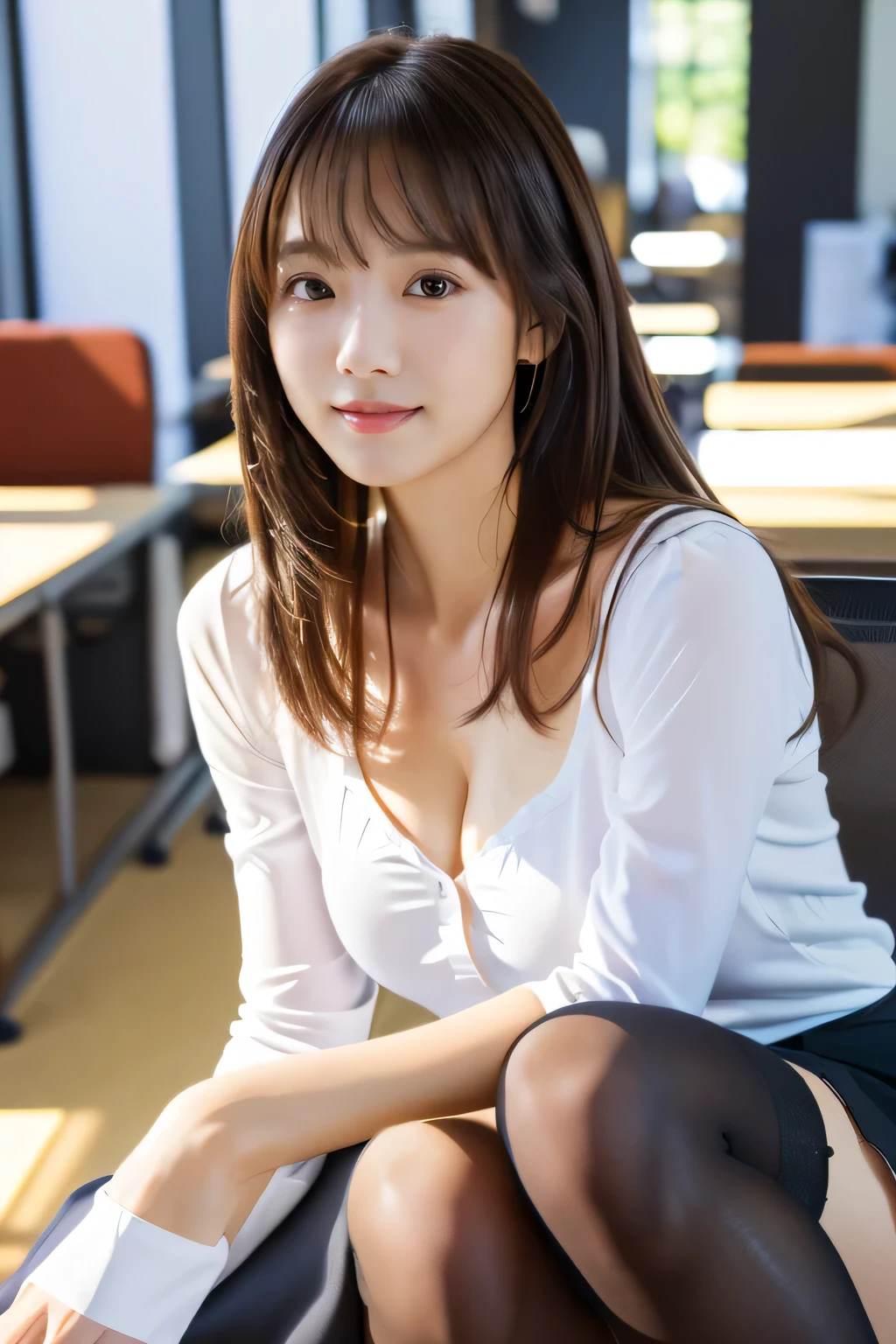 masterpiece, highest quality, Realistic, Very detailed, finely, High resolution, 8k wallpaper, Professional, High level of detail, ((One 18 year old girl:1.2)), Slender Japanese women,cute lips, Collarbone Detail, Center of chest、Perfect Face, (cute short hair:1.5), Chestnut Hair、cute face、Perfect Professional Potion、((Complete head-to-toe coverage:1.5)、(8k、RAW Photos、highest quality、masterpiece:1.2)、Character Focus、perfect cute girl、cute、(Small face)、(office lady:1.2)、A kind smile、Shiny skin、(Beautiful leg lines)、Narrow waist、Big Breasts、Beautiful breasts、(Blouse on bare skin、Pencil Skirt、Black Stockings:1.2)、High heels、Clear Skin、High transparency、(Slender and beautiful girl)、(Shiny)、View your viewers、Beautiful thighs、office interior、Bokeh、