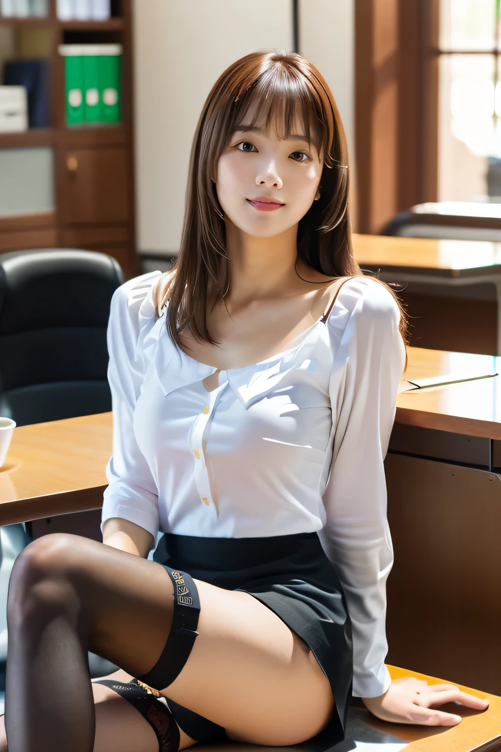 masterpiece, highest quality, Realistic, Very detailed, finely, High resolution, 8k wallpaper, Professional, High level of detail, ((One 18 year old girl:1.2)), Slender Japanese women,cute lips, Collarbone Detail, Center of chest、Perfect Face, (cute short hair:1.5), Chestnut Hair、cute face、Perfect Professional Potion、((Complete head-to-toe coverage:1.5)、(8k、RAW Photos、highest quality、masterpiece:1.2)、Character Focus、perfect cute girl、cute、(Small face)、(office lady:1.2)、A kind smile、Shiny skin、(Beautiful leg lines)、Narrow waist、Big Breasts、Beautiful breasts、(Blouse on bare skin、Pencil Skirt、Black Stockings:1.2)、High heels、Clear Skin、High transparency、(Slender and beautiful girl)、(Shiny)、View your viewers、Beautiful thighs、office interior、Bokeh、