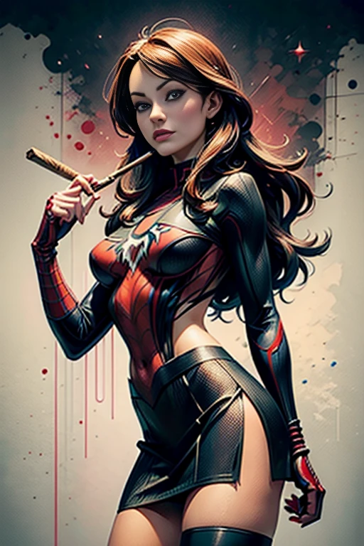 Olivia Wilde、stick out the navel、new york、She&#39;s wearing a torn Spider-Man suit,Wearing a skirt、 Red and black color scheme,dynamic、masterpiece、highest quality、Ultra-detailed、Very detailed、Beautiful sparkle in the details、超A high resolution