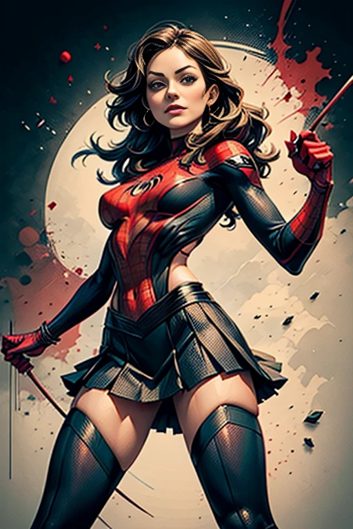 Olivia Wilde、stick out the navel、new york、She's wearing a torn Spider-Man suit,Wearing a skirt、 Red and black color scheme,dynamic、masterpiece、highest quality、Ultra-detailed、Very detailed、Beautiful sparkle in the details、超A high resolution