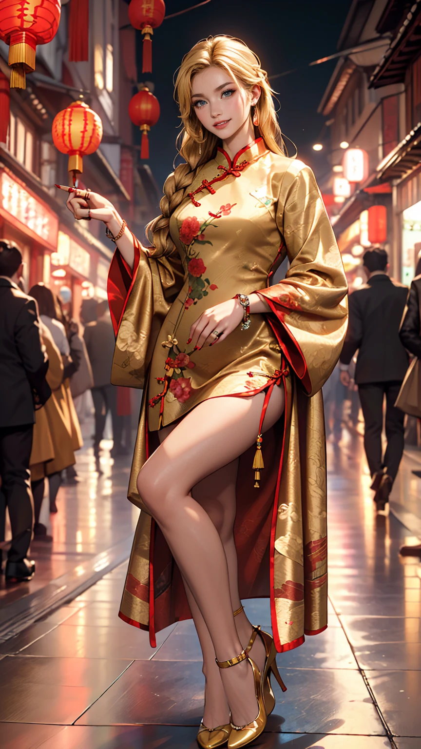 ((最high quality, 8K, masterpiece: 1.3, Ultra HD, high quality, 最high quality, High resolution, realism)) 、25-year-old Caucasian female、blue eyes、long hair、smile、I want my head to stay off screen、Wear accessories on your wrist、Wearing red nail polish、I have a peticure、Aerial perspective((atmospheric perspective))、smile((smiley))、Background blur((depth of field)、Crystal Earrings((crystal earrings))、Blonde((blonde hair))、Braided long hair((low-braided long hair))、A lavishly decorated Qipao((cheongsam))Wear、Wear stiletto heels、I'm in Chinatown, where the night lights are beautiful.