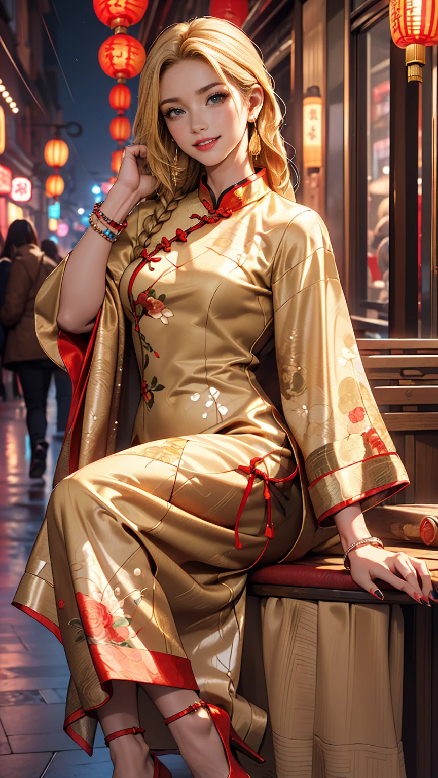((最high quality, 8K, masterpiece: 1.3, Ultra HD, high quality, 最high quality, High resolution, realism)) 、25-year-old Caucasian female、blue eyes、long hair、smile、I want my head to stay off screen、Wear accessories on your wrist、Wearing red nail polish、I have a peticure、Aerial perspective((atmospheric perspective))、smile((smiley))、Background blur((depth of field)、Crystal Earrings((crystal earrings))、Blonde((blonde hair))、Braided long hair((low-braided long hair))、A lavishly decorated Qipao((cheongsam))Wear、Wear stiletto heels、I&#39;m in Chinatown, where the night lights are beautiful.