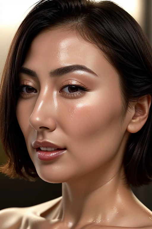 Beautiful Japanese,1 girl(masterpiece:1.2, highest quality), (Realistic, photoRealistic:1.4),, Keep your eyes clearly focused, Nose and mouth,Face Focus, Extreme close up of face、 Age 35,Black Hair、Symmetrical face,Realistic nostrils、Angle from below、Elongated C-shaped nostrils(Sharp Nose)Sweaty skin、Shiny skin,((Brow wrinkles)))（On the tongue)、Deep Kiss、((Thin eyebrows))Oily skin、glistening shining skin、double eyelid、Beautiful woman、Medium Hair,Rolling your eyes,、Shortcuts((half-closed eyes, frown, grimace, scowl))((oily skin,sweat))((Shiny skin)（(Sweaty skin))(((licking lips)))