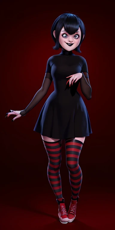 mavis dracula vampire cute girl, blue eyes ,short hair whit bangs, style bob, makeup gothic red lipstick, full body portrait drees black, black dress with sleeves, fitted to the body, thigh-high stockings with red stripes and red vans tennis shoes, 