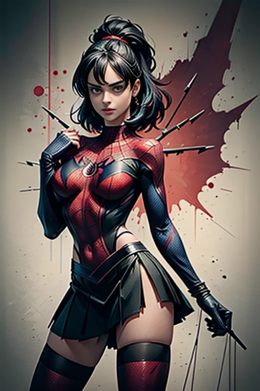 Krysten Ritter、stick out the navel、new york、She's wearing a torn Spider-Man suit,Wearing a skirt、 Red and black color scheme,dynamic、masterpiece、highest quality、Ultra-detailed、Very detailed、Beautiful sparkle in the details、超A high resolution