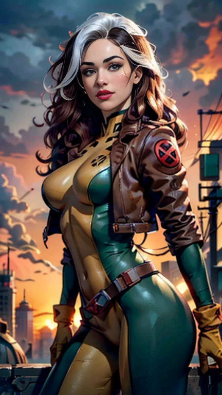 Kat Dennings、Wet、Full body view, Long Hair, brown hair, Green Eyes, lipstick, compensate, lips,Emphasize cleavage、 sexy、White stripes in hair, like, Wavy Hair, Messy Hair, Curly Hair, middle～, Surface Plot, ((Kelli Berglund:Bailee Madison:0.5)), 黄colorのスーツ, Jacket, gloves, belt, gloves amarillos, Green Suit, (Bodysuits:1.4), Traje multicolor, (Superhero:1.4), tight skin, Ropa multicolor, Garden and wisteria background, Official Art, extremely detailed CG 8k wallpaper, Perfect lighting, De color, bright_amount_method_Light, piel bright, (masterpiece:1.0), (Better_quality:1.0), Ultra-high resolution, 4k , Super detailed, Director of Photography, 8k, HDR, Altas ResoLightones, (Disorganized:1.2), Kodak Portrait 400, Film Grain, blurred background, (Bokeh:1.2), Lens flare, (Vibrant_color:1.2), Professional photography, (beautiful_method:1.5),More detailed 8K.Unreal Engine:1.4,Hmm,La Better calidad:1.4, Realistic:1.4, skin temperature:1.4, masterpiece:1.8,masterpiece, Better calidad,Object Object], (Detailed facial features:1.3),(Antesedentes apocalyptic destroyed city:1.4), (Apocalyptic Sunset:1.4)