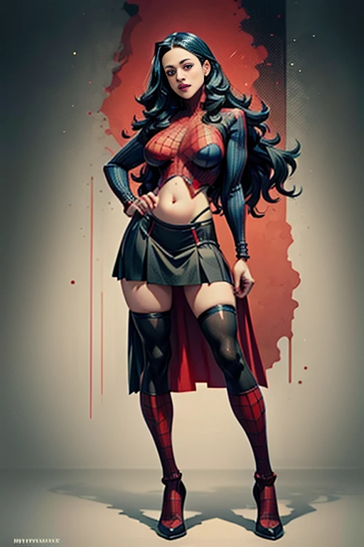 Kat Dennings、stick out the navel、new york、She's wearing a torn Spider-Man suit,Wearing a skirt、 Red and black color scheme,dynamic、masterpiece、highest quality、Ultra-detailed、Very detailed、Beautiful sparkle in the details、超A high resolution