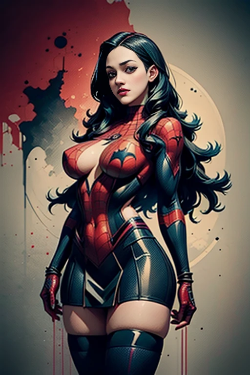 Kat Dennings、stick out the navel、new york、She's wearing a torn Spider-Man suit,Wearing a skirt、 Red and black color scheme,dynamic、masterpiece、highest quality、Ultra-detailed、Very detailed、Beautiful sparkle in the details、超A high resolution