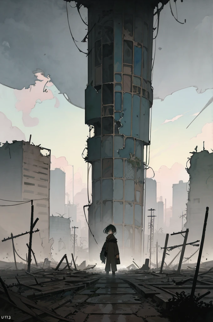 best quality, high resolution, ultra-detailed, extremely detailed, (a girl standing), shukezouma,(illustration:1.1),(best quality),(masterpiece:1.1),(panorama shot:1.3),(full body:1.25),(solo:1.2),highres,(watercolor) a post-apocalyptic wasteland with desolate ruins and overgrown vegetation reclaiming the decaying structures. the sky is filled with ominous storm clouds, hinting at an impending storm. harsh winds sweep through the abandoned streets, carrying dust and debris. the scene evokes a sense of isolation and survival, with remnants of the past serving as a reminder of a lost civilization, 