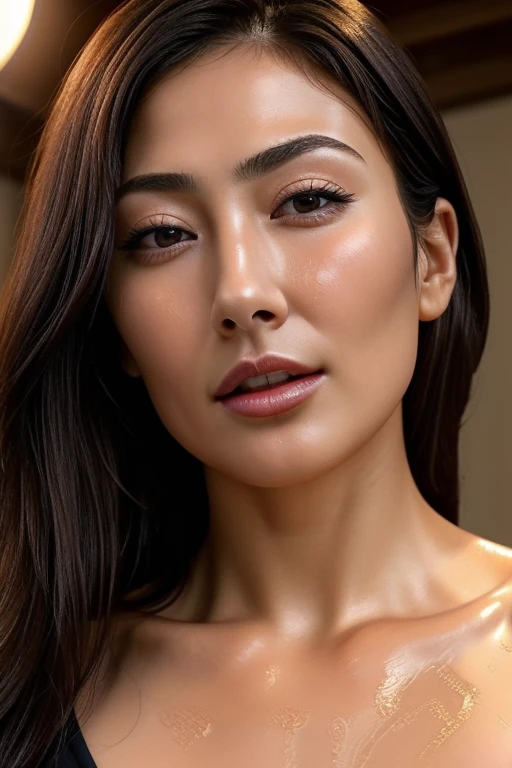 Beautiful Japanese,1 girl(masterpiece:1.2, highest quality), (Realistic, photoRealistic:1.4),, Keep your eyes clearly focused, Nose and mouth,Face Focus, Extreme close up of face、 Age 35,Black Hair、Symmetrical face,Realistic nostrils、Angle from below、Elongated C-shaped nostrils(Sharp Nose)Sweaty skin、Shiny skin,((Brow wrinkles)))(On the tongue)、Deep Kiss、((Thin eyebrows))Oily skin、glistening shining skin、double eyelid、Beautiful woman、Medium Hair,Rolling your eyes,、Shortcuts((half-closed eyes, frown, grimace, scowl))((oily skin,sweat))((Shiny skin)((Sweaty skin))(((licking lips)))