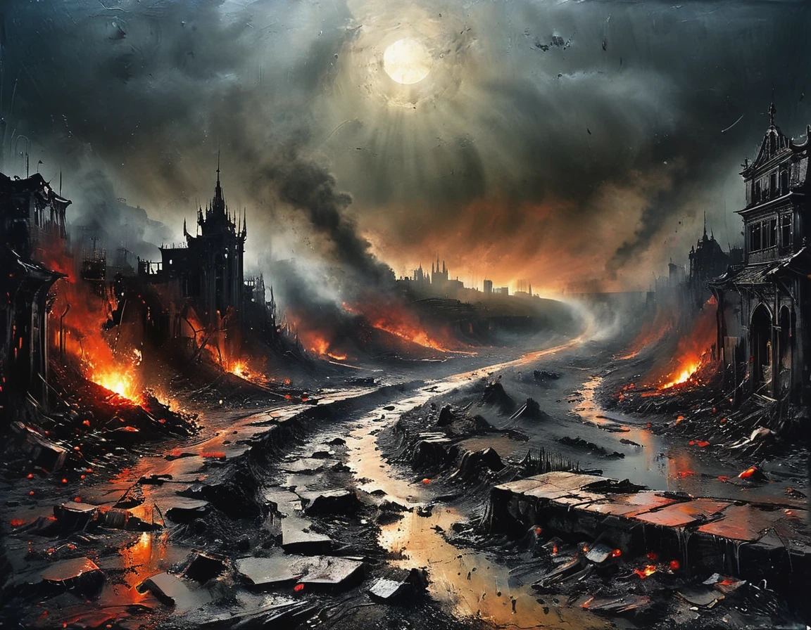 in style of Mark Lague，in style of Beeple，in style of Ian McQue，Latter-day rough soil，（The skinny disaster victims in ragged clothes with half their faces covered），（The dark sky is raining sulfuric acid：1.3）），（Sulfuric acid rain），The desolation and ruin after the disaster，The living environment is extremely harsh，The sky is always gray，The air is full of harmful substances。Water is becoming scarce，And it is full of various unknown pollutions，The sudden disaster left the earth devastated，Species mutate，Food became scarce，The living environment is harsh，No area to be planned，On an unnamed street，Dilapidated and ugly scenes can be seen everywhere。The underground sewage system on the street has long been paralyzed，The makeshift outdoor toilet exudes a foul odor and is connected to the collapsed storefront.，The whole area was lit up with fire，From time to time, you can see a group of people gathering on the roadside，Food is even more precious，Most people survive on synthetic food or mutant plants.，（background：The dark red moon is raining sulfuric acid），Detailed details，Ultra high quality，Ultra Detailed，Epic graphics，The art of math，future，Science Fiction，Asymmetry，