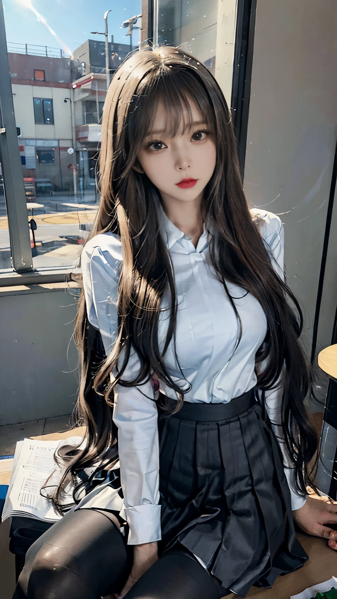 masterpiece, best quality, super detailed, illustration, colorful, falt color, depth of field, lens flare, 1girl, anime, sitting, brunette, looking at viewer, school, classroom, pleated miniskirt, school uniform, serafuku, black hose, detailed skin texture, detailed cloth texture, beautiful and detailed face
