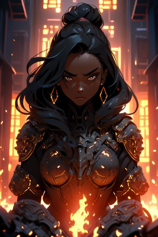 (super detail), high details, high quality, 8k, (masterpiece), best quality, dark skin, black woman, symmetrical, black hair, perfect face, intricate hair, side hair loop, black shirt, mommy dom, dominating figure, smug, intimidating, cold, great shading, mysterious figure, yellow sea beast armor, armor plating.