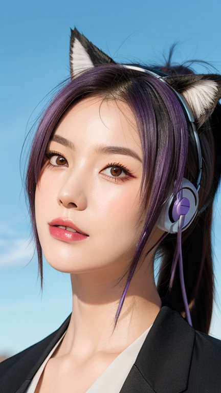 purple hair, ponytail, fox mask, headphones, mismatched pupils, gradient eyes, cat ear headphones, clenched teeth, modern, masterpiece