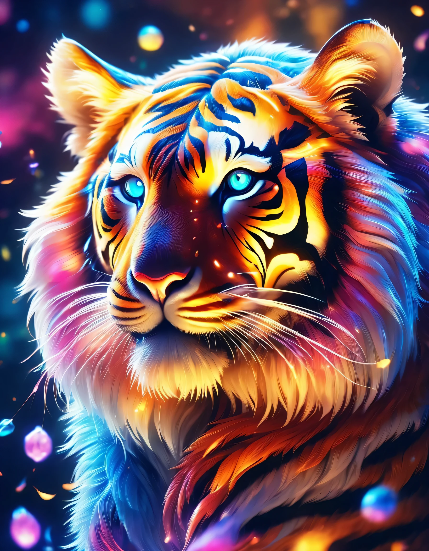 Close-up shot of a tiger,masterpiece,best masterpiece,highest quality,rendering,rich colors,Cast a colorful spell,dream-like,Detailed details,In detail,,bright colors,Beautiful light and shadow,magic,dream-like,Inspiration,beautiful,rendering,colorful,wonderful,particles of light,get used to it,masterpiece,best masterpiece,Art work using light,Artistic,get used to it,