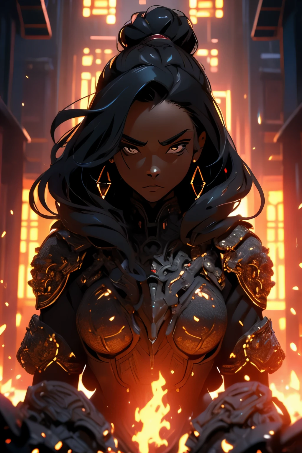 (super detail), high details, high quality, 8k, (masterpiece), best quality, dark skin, black woman, symmetrical, black hair, perfect face, intricate hair, side hair loop, black shirt, mommy dom, dominating figure, smug, intimidating, cold, great shading, mysterious figure, yellow sea beast armor, armor plating.