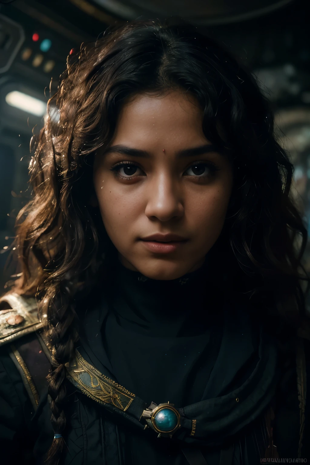 (masterpiece, wide angle, cinematic establishing shot, 18 years old young laydi indian woman, curly hair, black eyes highly detailed background:1.2),volumetric lighting,subsurface scattering,dynamic pose,(special effects, color grading, fantasy aura),(high quality:1.4),(best quality:1.4),(masterpiece:1.4),official art,official wallpaper,surreal,(detailed landscape:1.1),(whimsical atmosphere:1.1),(powerful energy:1.1),vibrant colors,(detailed:1.05),(extremely detailed:1.06),sharp focus,(intricate:1.03),cinematic lighting,(extremely intricate:1.04),(adorned:1.09), A woman, captain of a starship, navigates through a nebula, her face illuminated by the cosmos, as she charts a course to distant galaxies.