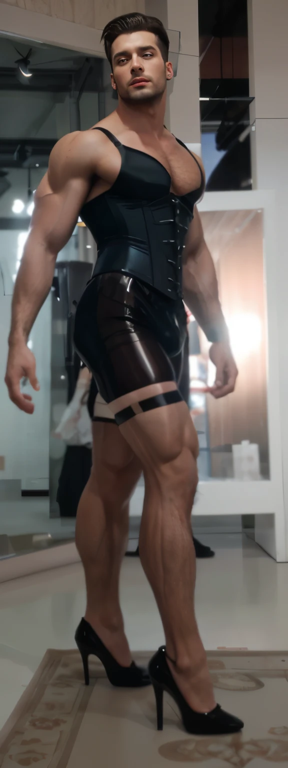 A Very Masculine, muscular  hunk men, with short hair ,athlic body,   wearing a padded bra, glossy  nylon stocking, lingerie, corset, very high heels, makeup, red lipstick, fake eyelashes, earrings