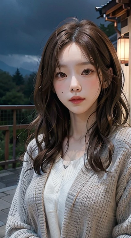 8k, Japan, Outdoor, Crowded, Cloudy, Mature Woman, brown hair, curly hair,Warm lighting, Cinematic, Realistic, high quality, High resolution, masterpiece, night, Natural Beauty, Sensual look