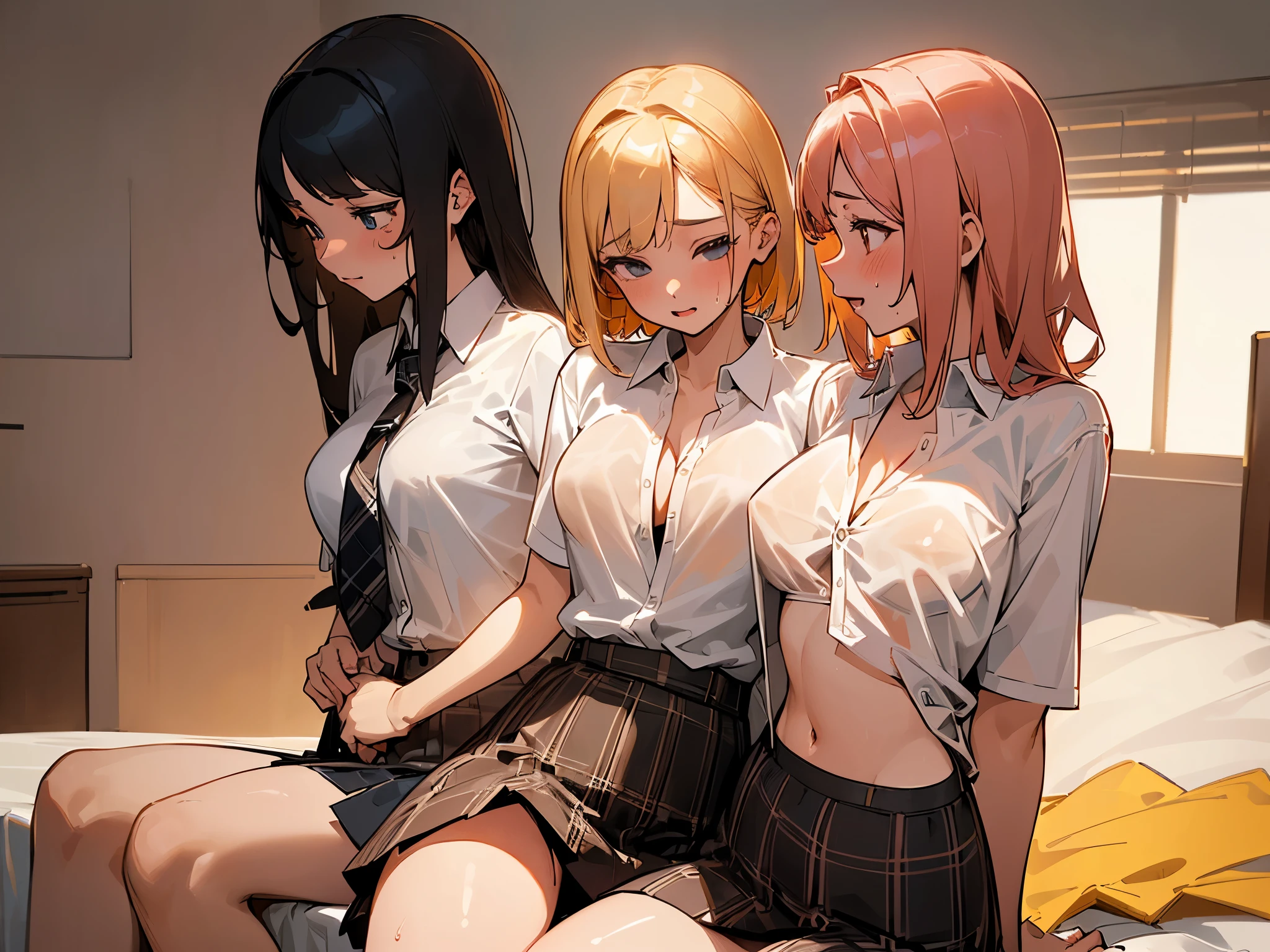 (NSFW), (((four girls))), (((girls group))), (((Group illustration))), (((Group shot))), (((simple composition illustration))), (((Highschool uniforms))), ((bikini bra)), (((white shirt))), (see-through), (short sleeves), (waist skirt), (Black plaid skirt), (( cleavastomach)), ((girls sitting bed)), (on large white bed), (in bedroom), (in night hotel room), ((girls close-up)), (night), (girls lewd Laughing)(undressing shirt))ed shirt)), (((girls Half-naked))), (((girls sweaty)))rm color scheme), Extremely exquisite body, beautiful detailed glow, cinematic lighting, 4K illustration, masterpiece, best quality, by top artist, by famous artist, by plo artist,