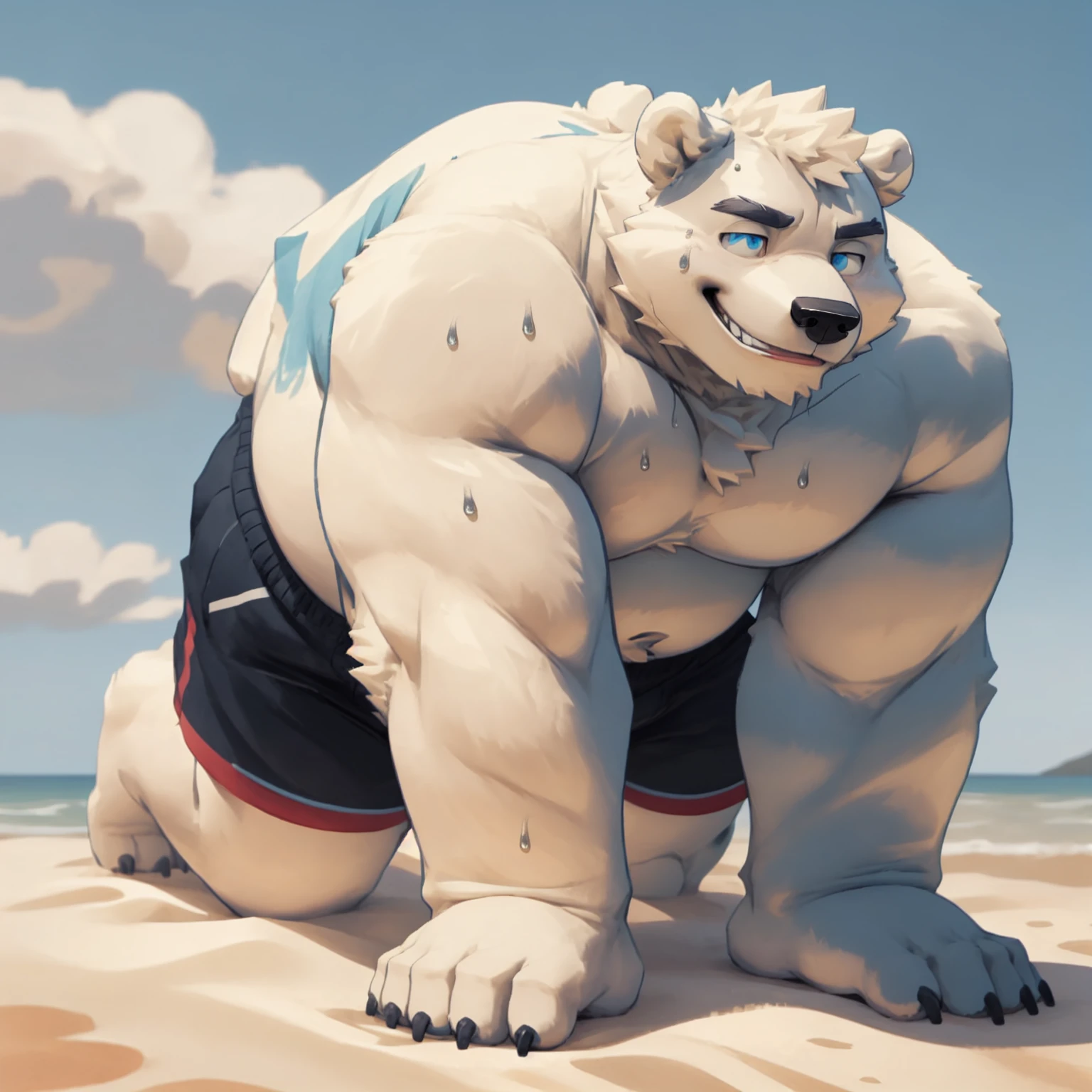 New Jersey 5 Furry,polar bear，Personal portrait,Unique，Exquisite， Chubby，Fat，Thick arms，Rugged muscles，Topless，White plush fur，Chubby脸，Black eyebrows，Sky blue eyes，Black beard，Beach，Lying down，push-up，shorts，Sweating，Smile