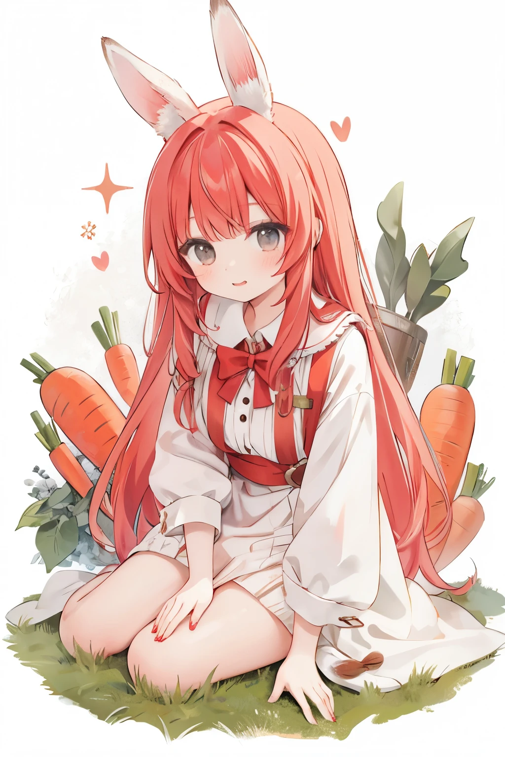 Young woman, Red hair, long hair, Hare ears, white clothes, Hare's Tail, red tail, carrot background