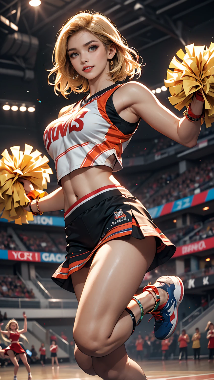 ((最high quality, 8K, masterpiece: 1.3, Ultra HD, high quality, 最high quality, High resolution, realism)) 、A 22-year-old extremely beautiful white woman、Hair color blonde、blue eyeedium Hair、Straight Hair、smile、Slender but well-proportioned body、Athlete-like body type、I want my head to stay off screen、Wearing accessories on the wrist、Put an anklet on your ankle、Wearing red nail polish、I have a peticure、Being a cheerleader、Holding pom-poms and waving both hands in the air, they dance the cheer dance