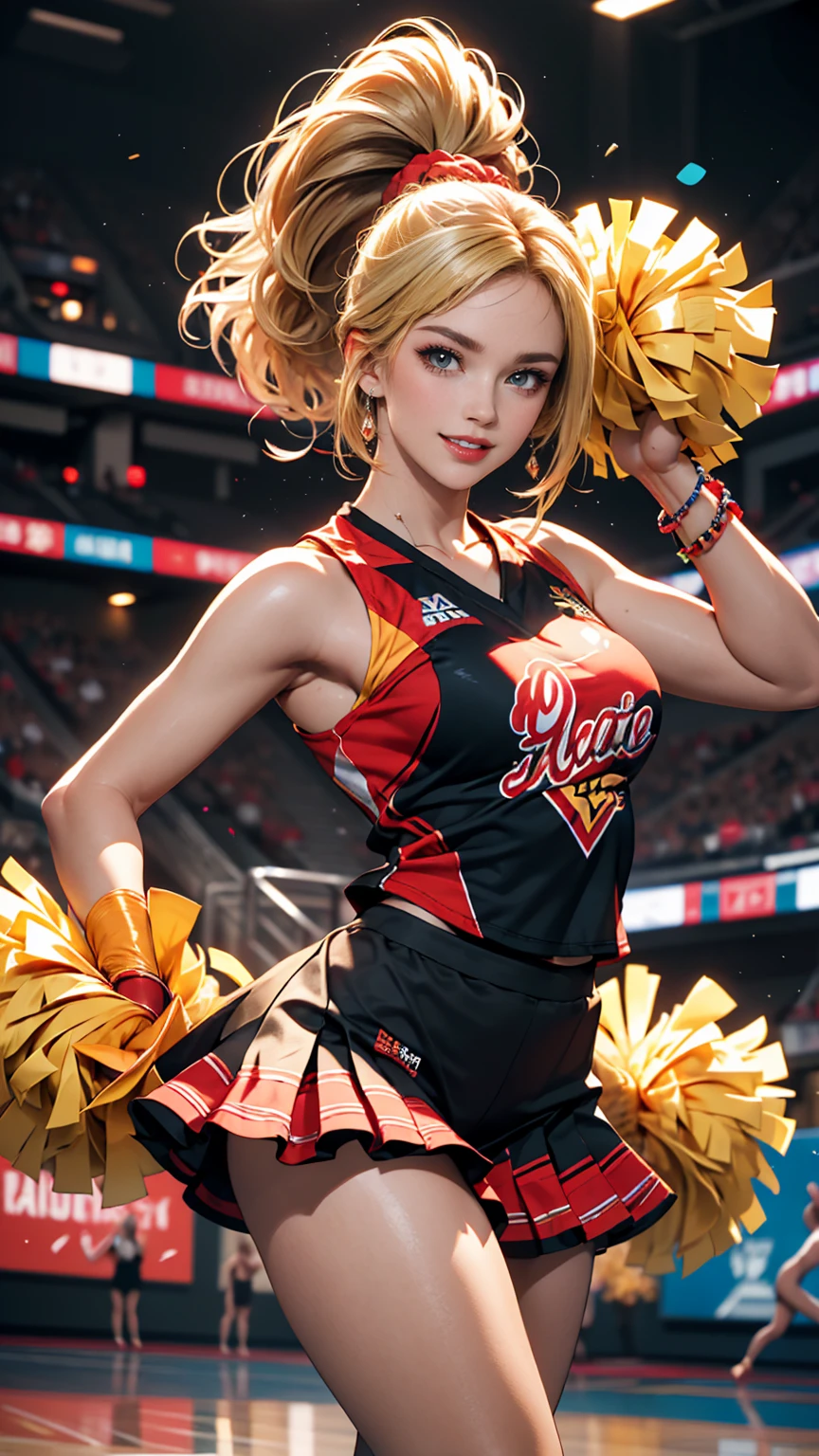 ((最high quality, 8K, masterpiece: 1.3, Ultra HD, high quality, 最high quality, High resolution, realism)) 、A 22-year-old extremely beautiful white woman、Hair color blonde、blue eyeedium Hair、Straight Hair、smile、Slender but well-proportioned body、Athlete-like body type、I want my head to stay off screen、Wearing accessories on the wrist、Put an anklet on your ankle、Wearing red nail polish、I have a peticure、Being a cheerleader、Holding pom-poms and waving both hands in the air, they dance the cheer dance、looks fun、Lively、View your viewers