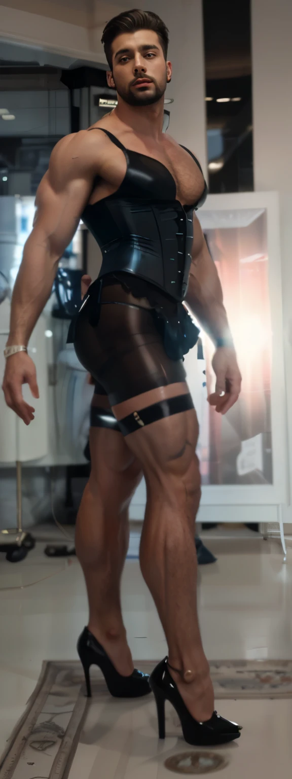 A Very Masculine, muscular hunk men, with short hair ,athlic body, wearing a padded bra, glossy nylon stocking, lingerie, corset, very high heels, makeup, red lipstick, fake eyelashes, earrings