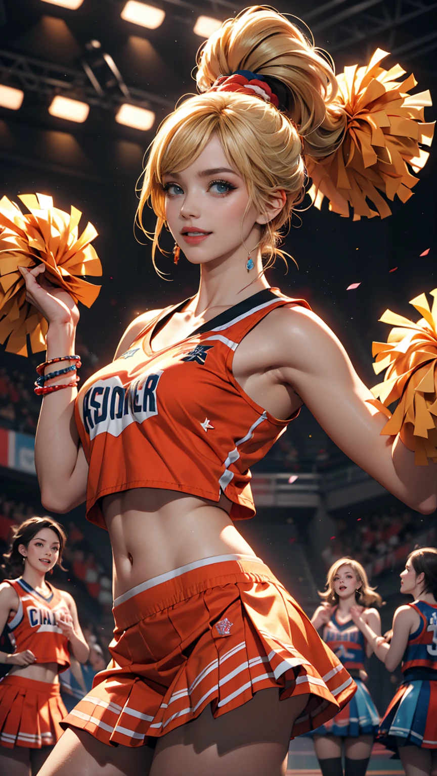 ((最high quality, 8K, masterpiece: 1.3, Ultra HD, high quality, 最high quality, High resolution, realism)) 、A 22-year-old extremely beautiful white woman、Hair color blonde、blue eyeedium Hair、Straight Hair、smile、Slender but well-proportioned body、Athlete-like body type、I want my head to stay off screen、Wearing accessories on the wrist、Put an anklet on your ankle、Wearing red nail polish、I have a peticure、Being a cheerleader、Holding pom-poms and waving both hands in the air, they dance the cheer dance