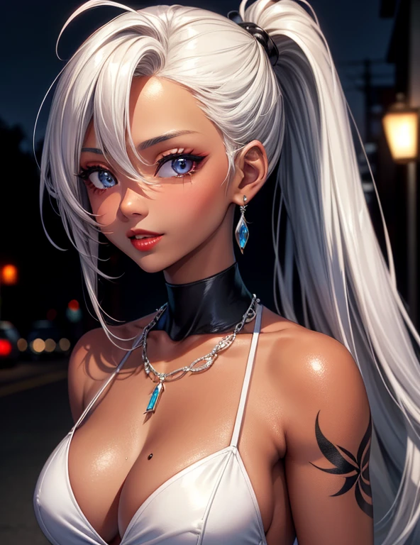 Urban beautiful girl college student, masterpiece, light makeup, red lips, silver hair, messy long hair, street background, beautiful, elegant. super fine details, master works, authentic texture, cinematic lighting realism, perfect job, 16K, hd, exquisite features,blue eyes、japanese idol、Beautiful Face、cute smile、brown hair、beautiful hair、ponytail、glamorous、Oily muscle、shiny skin、tanned skin、Black glowing skin,bright big eyes, smooth skin, earrings, necklace, tattoo