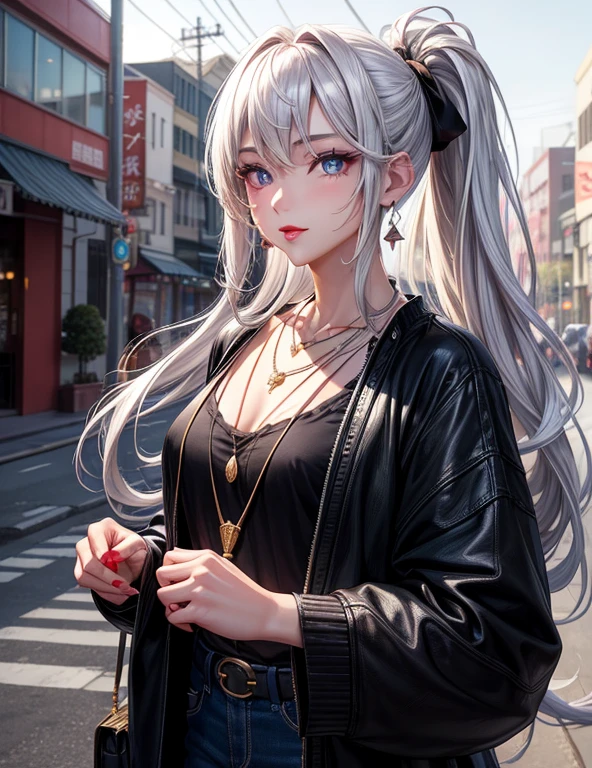 Urban beautiful girl college student, masterpiece, light makeup, red lips, silver hair, messy long hair, street background, beautiful, elegant. super fine details, master works, authentic texture, cinematic lighting realism, perfect job, 16K, hd, exquisite features,blue eyes、japanese idol、Beautiful Face、cute smile、brown hair、beautiful hair、ponytail、glamorous、Oily muscle、shiny skin、tanned skin、Black glowing skin,bright big eyes, smooth skin, earrings, necklace, tattoo