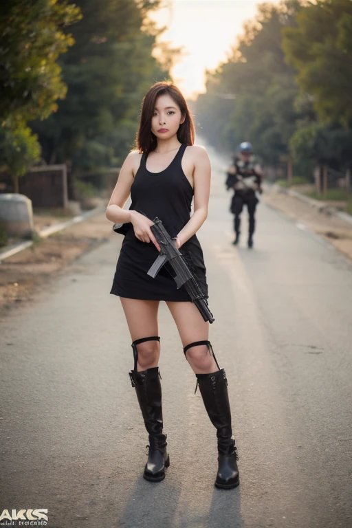 female character kapella (fighter) who is 19 years old with full body clothes image with AK 47 Gun in sunset view also with lots of trees, birds & white rabbit & the background is of free fire